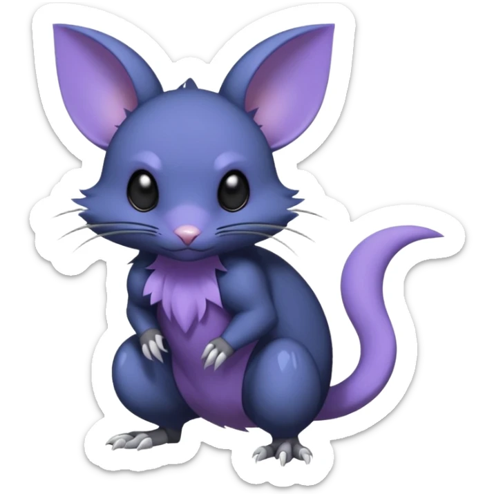 Gothic style, charcoal-black, steel-blue, lilac-violet, Rattata-Noibat-Purrloin-Fakemon-hybrid-creature (full body) sticker