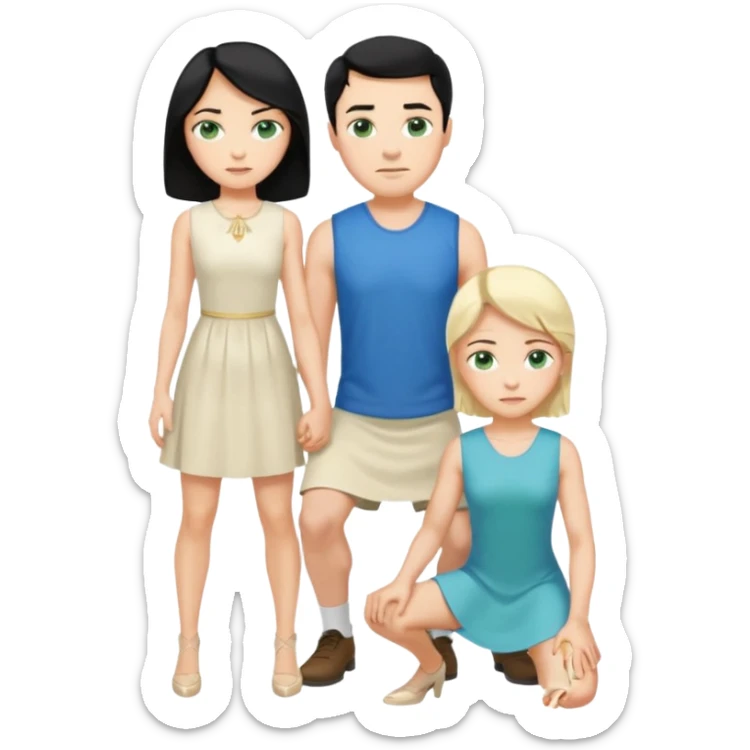 King, man, upright, black Hair, blue eyes, whole body, Woman, bending knees, blonde, green eyes, sleveless White Dress, sticker