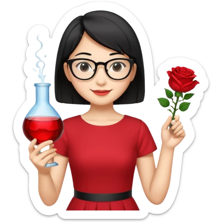 female asian chemistry teacher wearing glasses holdin a flask pointing right with straight short hair to her shoulders wearing a red dress with roses on it and black hair and make the glasses more retangle and make her hold a flash with one hand and with the other point right and make her smile sticker