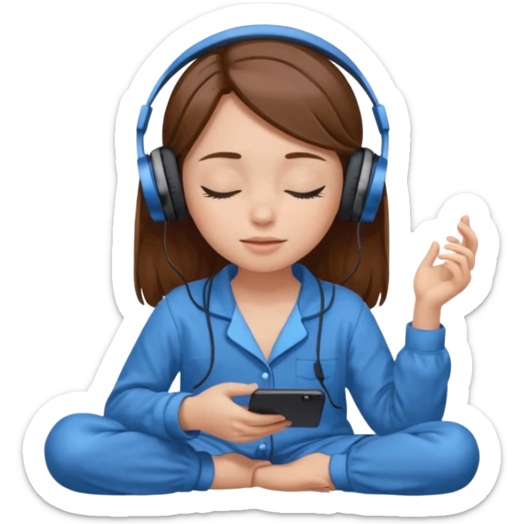 chica con pelo castaño ojos cerrados escuchando musica en pijama azul sticker