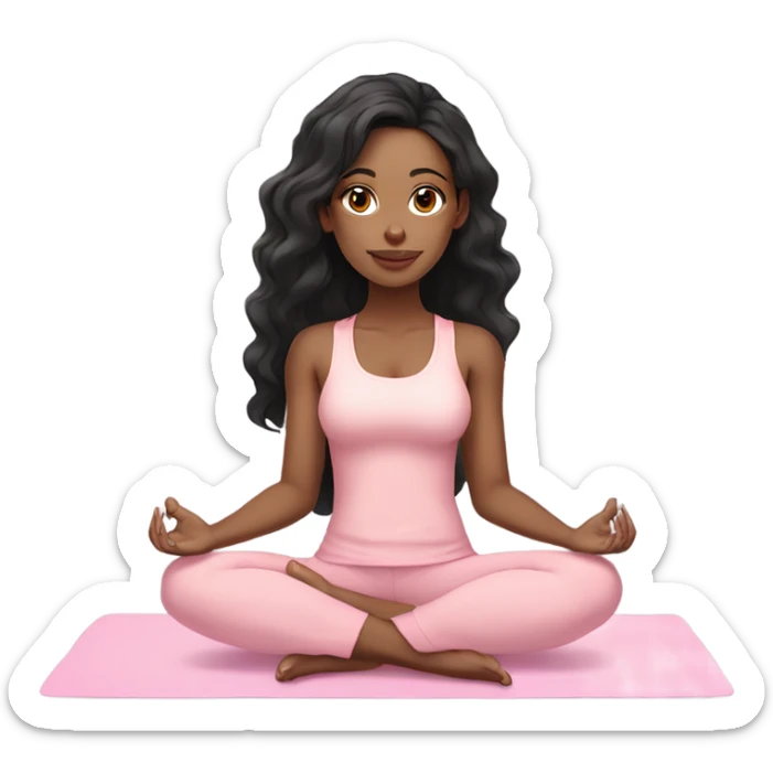 Light skin, black hair yoga beautiful girl in light pink clothes sitting on a yoga mat sticker