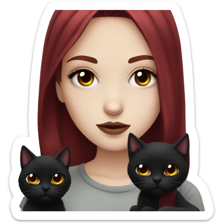 Pale girl with black eyeshadow and long  burgundy red colored hair with an emo haircut and layered holding a black cat sticker