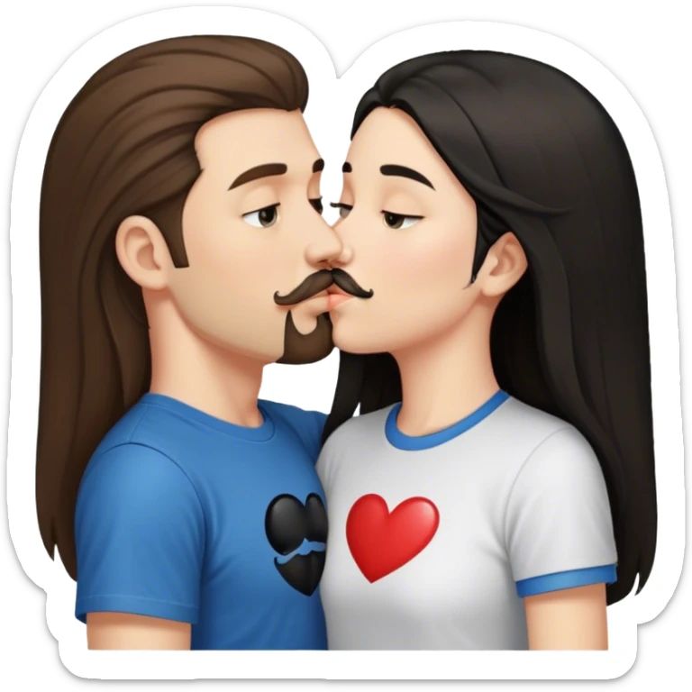 tall white guy with brown hair goatee mustache wearing t-shirt kissing a shorter white girl with long black hair sticker