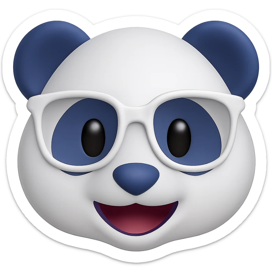 Create a 3D emoji of a panda face inspired by the classic panda emoji style but with a white and rich blue color scheme instead of white and black. The panda should wear stylish white designer glasses. Keep the look playful and modern, with a smooth 3D finish. Remove the background. sticker