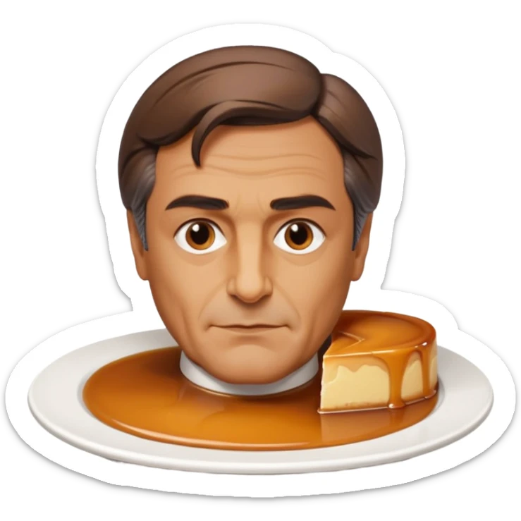 bust of François Fillon made of flan, caramel hair, detailed facial features, sitting on a white plate sticker