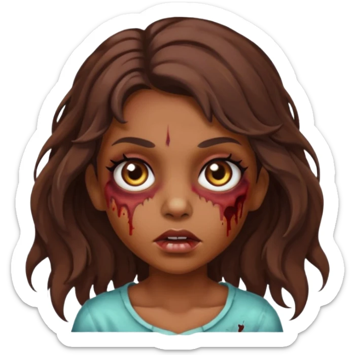 Garota zumbi com cabelos castanhos ondulados médio, olhos castanhos grandes e cílios longos  sticker