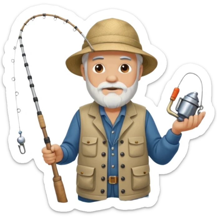 an old white haired, bearded man in fisherman attire, sat in a big boat on the ocean, holding one fishing rod in one hand, with the end of the fishing line touching the water sticker