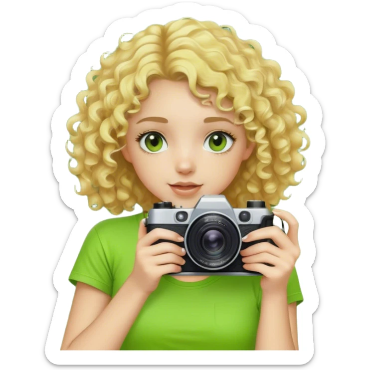 curly-haired blonde girl with fair skin in an acid green T-shirt with a camera in her hands sticker