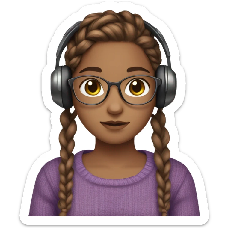 Brown hair girl, braids, brown eyes, violet sweater, headphones, clear glass, brown skin, and cat in hands sticker