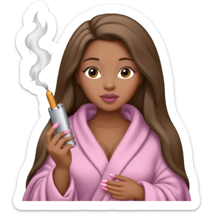 Curvy, light brown long hair, pretty black girl light pink lipgloss wrapped in blanket holding a lighter and brown cigarette  sticker