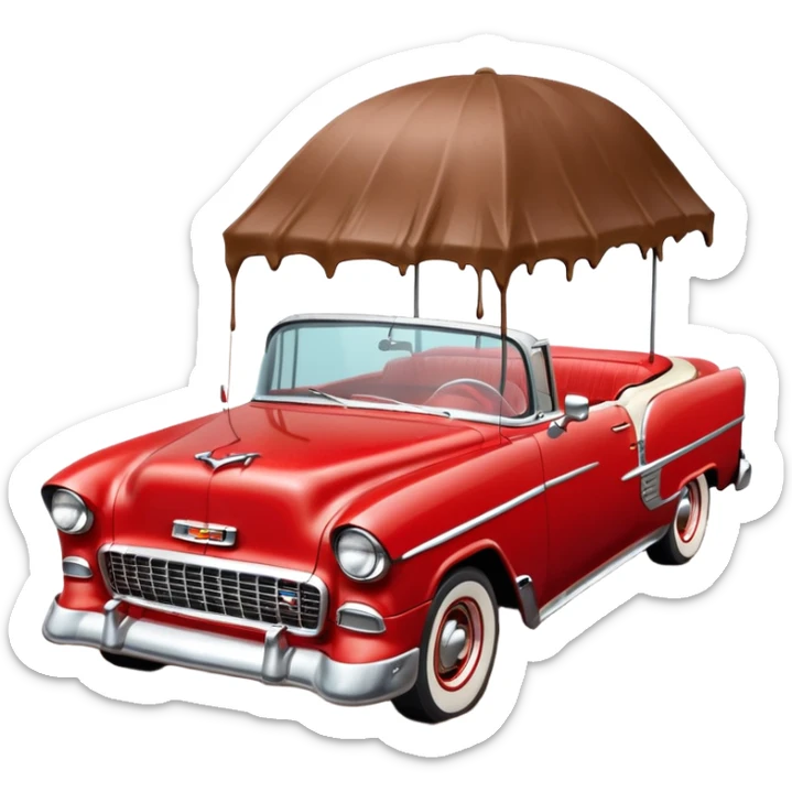 1955 Chevrolet Bel Air Convertible (Red-White color). The doors, bumper, hood and wheels are covered in sticky brown mud, which is clearly visible. Brown liquid mud is pouring out of the bucket from above. Aspect ratio: 1:1 sticker