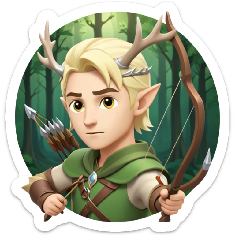 clash-of-clans-aesthetic-blond-male elf-archer-portrait-emoji, rendered in a flat, vector-style with minimal shading and bold holding his bow, simplified shapes, head tilted slightly forward with a determined, focused expression, riding a majestic white stag whose antlers glow with mystical energy, set against an ancient, enchanted forest backdrop. sticker