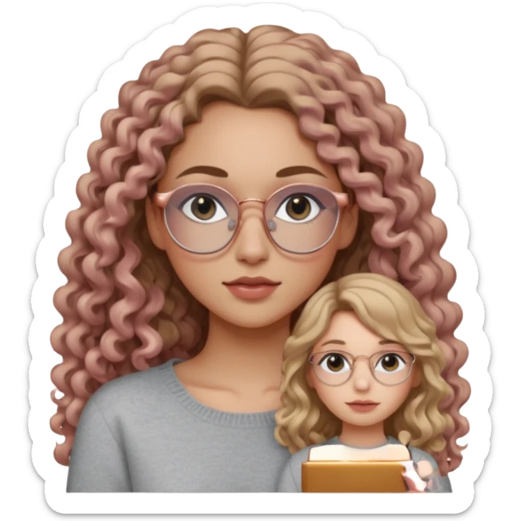 aesthetic white girl with dark blonde, long curly hair , in front of the girl's sholders and black eyes  , light grey sweater top and rose gold glasses sticker