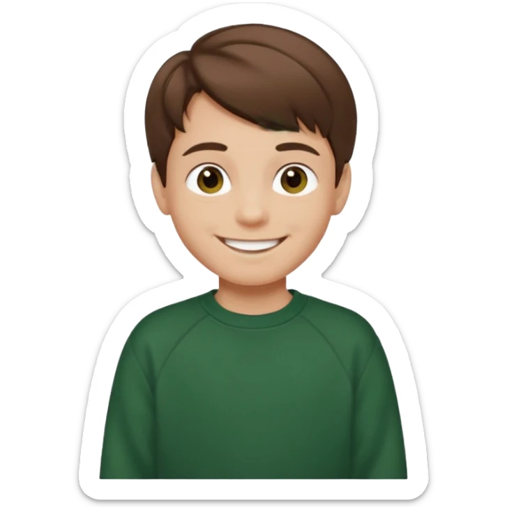 a smiling boy with brown hair and white skin he has dark eyes and he is wearing a dark green sweatshirt sticker