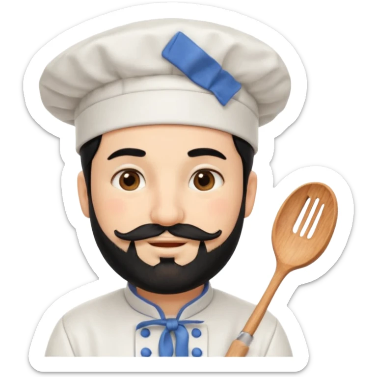 CHEF CON PIEL BLANCA, GORRO DE CHEF, PELO NEGRO Y BARBA NEGRA, OJOS MARRON OSCURO. SONRIE Y TIENE MARCAS DE BESOS CON FORMA DE LABIOS EN LAS MEJILLAS  sticker