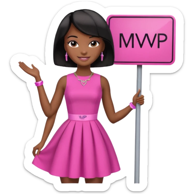 Black barbie, short  black bob  hair, pink dress with a sign that says mvp sticker
