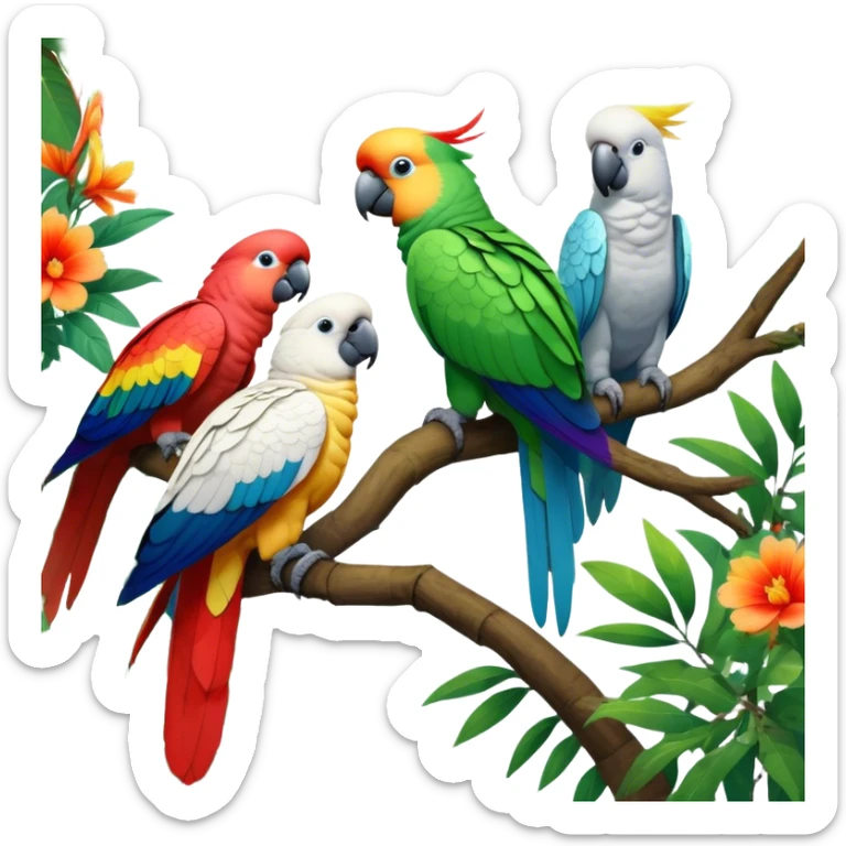 Close-up collage of vibrant Ara parrots and Inca cockatoos sitting on tree branches, surrounded by lush greenery. Bright colors of the birds stand out against a natural, sunny background of trees and flowers. Transparent background. sticker