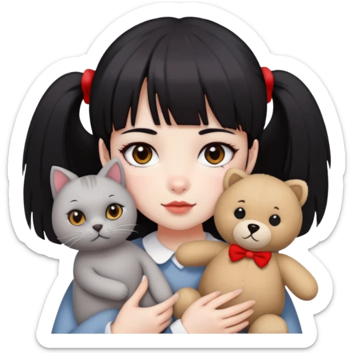  A girl with black eyes, red cheeks, black hair with straight bangs, and white face is holding a British gray cat and a brown teddy bear  sticker