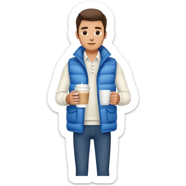 full body man wearing long sleeve white shirt with blue puffy winter vest holding a cup of coffee in front of him and nothing in his other hand sticker