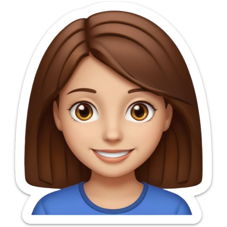 girl with brown hair and brown eyes, smiling, emoji style sticker