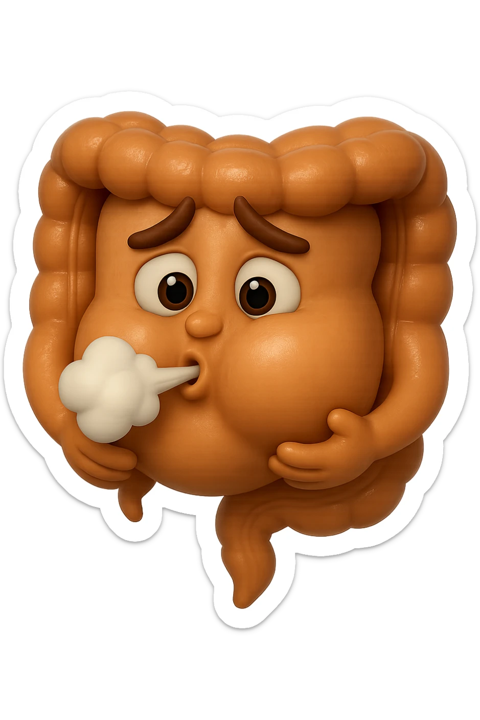 emoji stile iphone di un intestino che ingoia una nuvoletta di aria ben visibile e gli si gonfia la pancia, iperrealistico 4k sticker