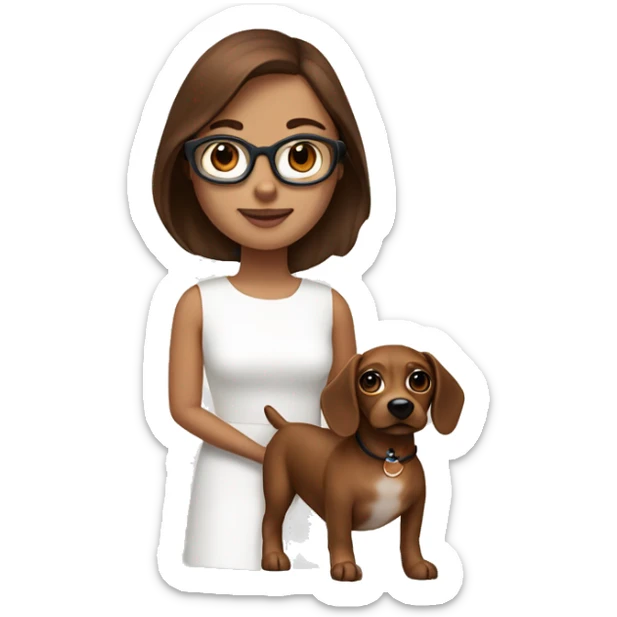 the brown hair girl with blue eye wear a white minimal dress and her brown sausage dog sticker