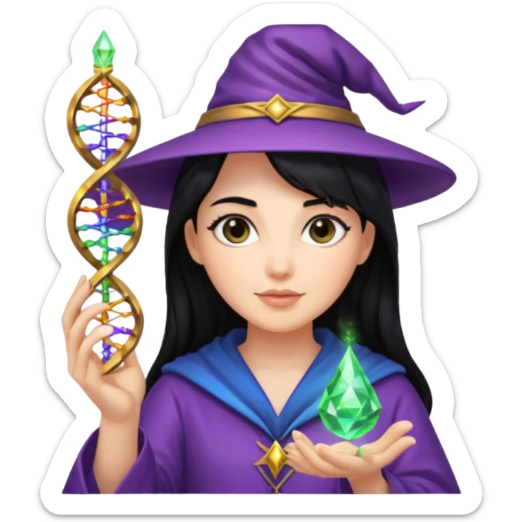 Female wizard with black hair holding a double helix DNA in her hand sticker