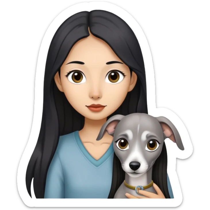 Slim Chinese girl with long black hair holding solid grey Italian greyhound with no white markings on nose sticker