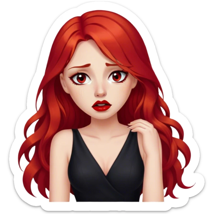 a crying woman with long red hair and red eyes. The woman wear a black little cutted dress. She have red lipstick and she have a seductive look. She cry tears sticker