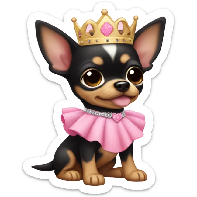 black & tan chihuahua puppy wearing a pink princess dress sticker