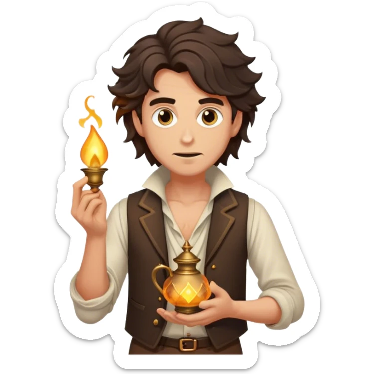 Cinematic Realistic Aladdin Portrait, depicted with lifelike, warm skin textures and a confident yet approachable gaze. His dark, wind-tousled hair frames expressive eyes full of adventure and kindness. Dressed in his iconic vest and loose trousers with intricate detailing, he holds a subtle glimmer of a magic lamp, all rendered under soft natural lighting with a radiant glow that captures his resourceful spirit. sticker