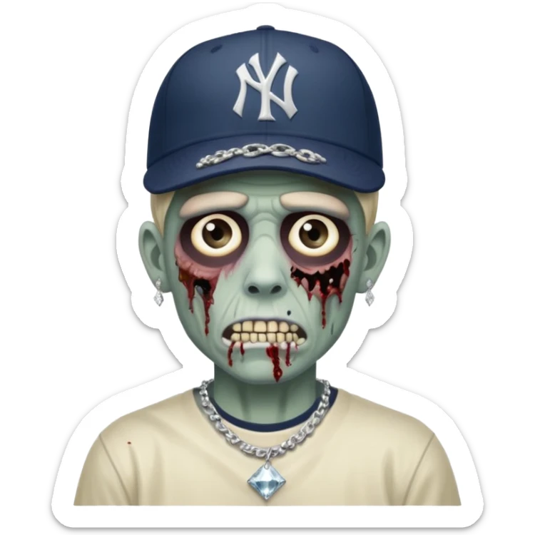 Zombie con aretes con una gorra new York yankee y una cadena de diamante hombre sticker