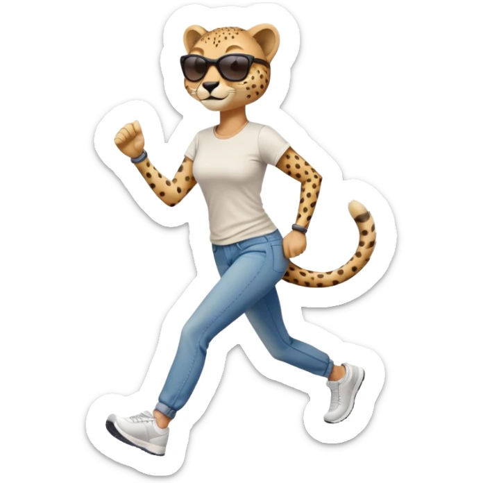 friendly anthropomorphised female cheetah in jeans and t-shirt, wearing dark sunglasses, jogging upright in standard pose sticker