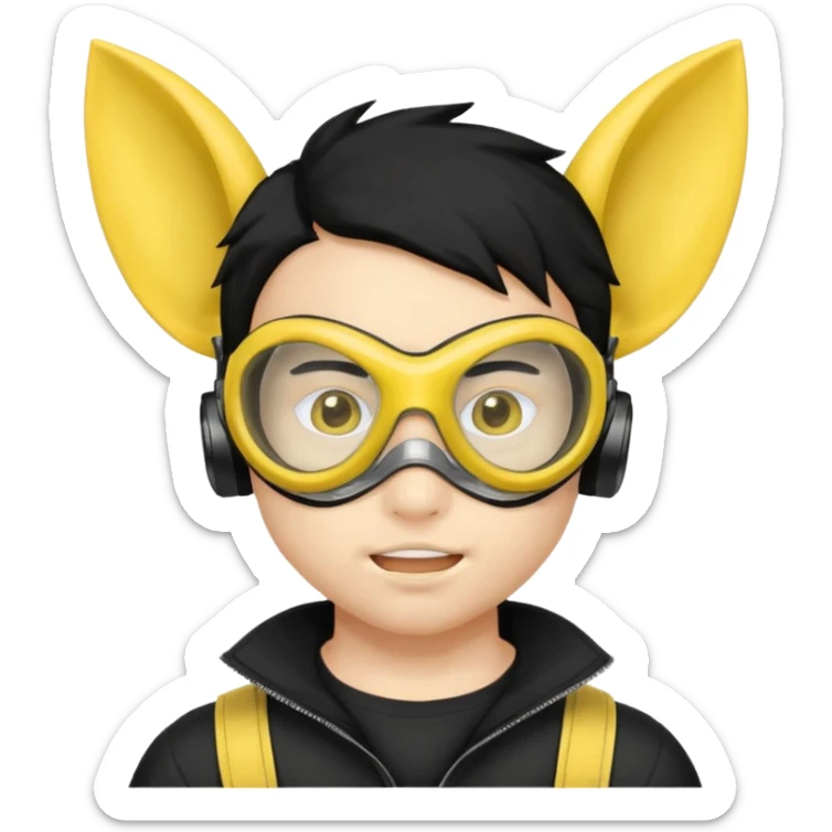 A teenage male with a yellow mask, ears, mouth, nose, and hair showing, white goggles, and black hair sticker