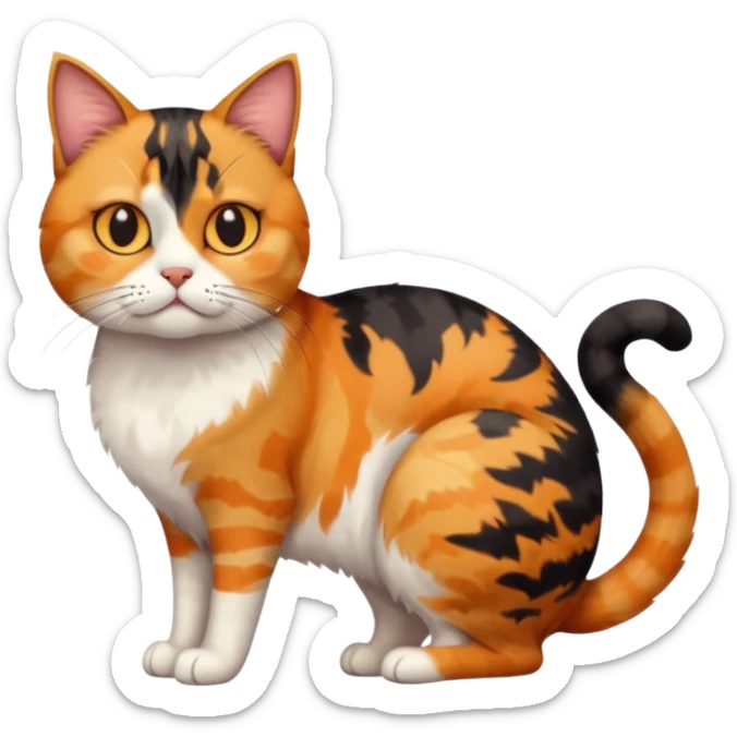full body calico tabby cat with skinny head and fat body with an anxious face sticker