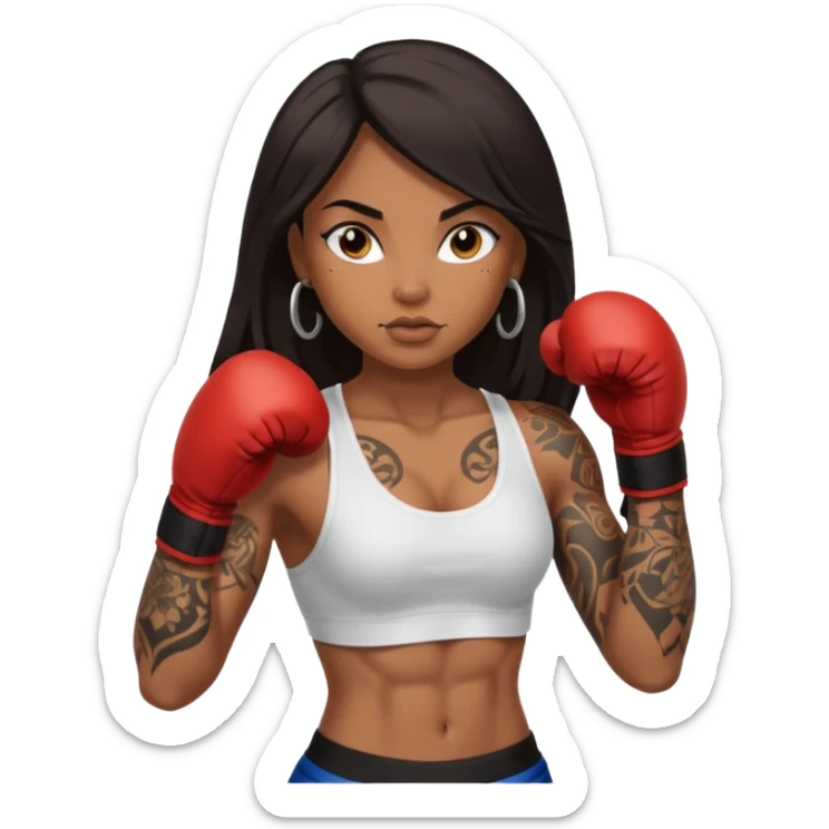 sexy brown skin girl with long dark hair, tattoes, muscles boxing sticker