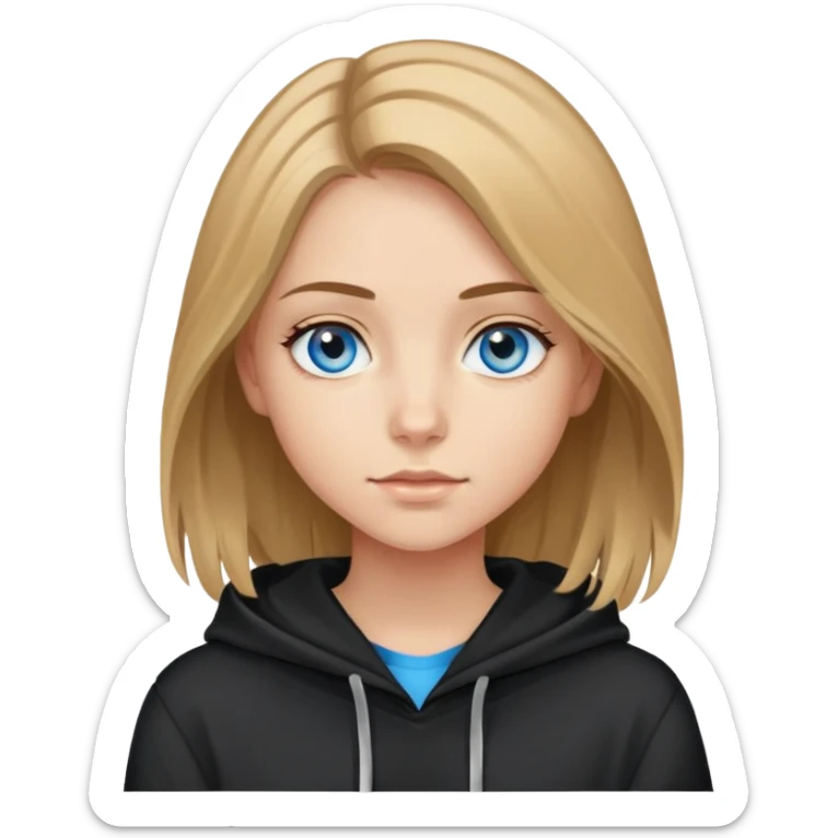 girl with blue eyes, shoulder-length brown hair with blonde highlights, wearing a black hoodie sticker