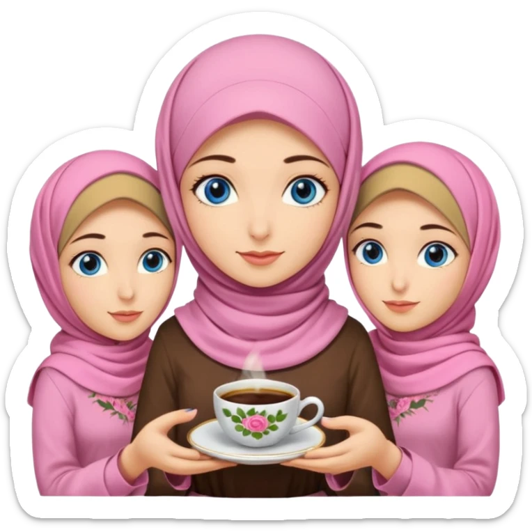 Turkish beautiful finish Konya three girls blue eyes with pink rose and turkis butter yellow hijab islamic dress and had on her hand turkish coffee   sticker