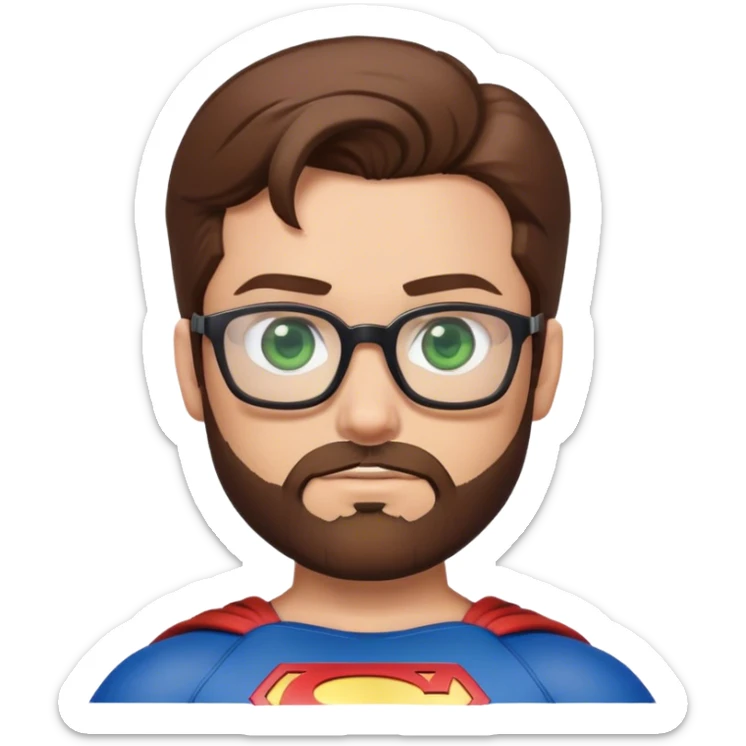 Superman with brown hair, a beard, and glasses on. Eyes are green sticker