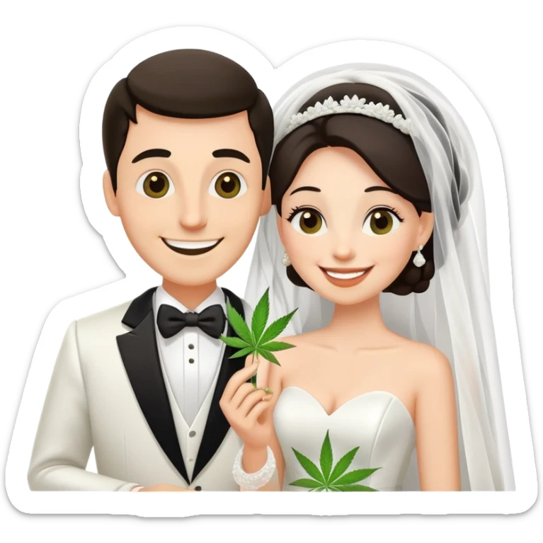 Bride in white dress and groom in tuxedo sharing a cannabis joint, cheerful cartoon wedding couple sticker
