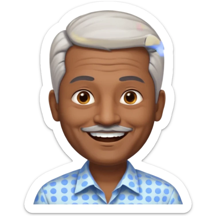 50 yr old indian man, dark skin, grey hair, big smile, white teeth, chubby, no moustache, clean shaven, young style hair, hair brushed back, 5 oclock shadow, dot on forehead, dress shirt sticker