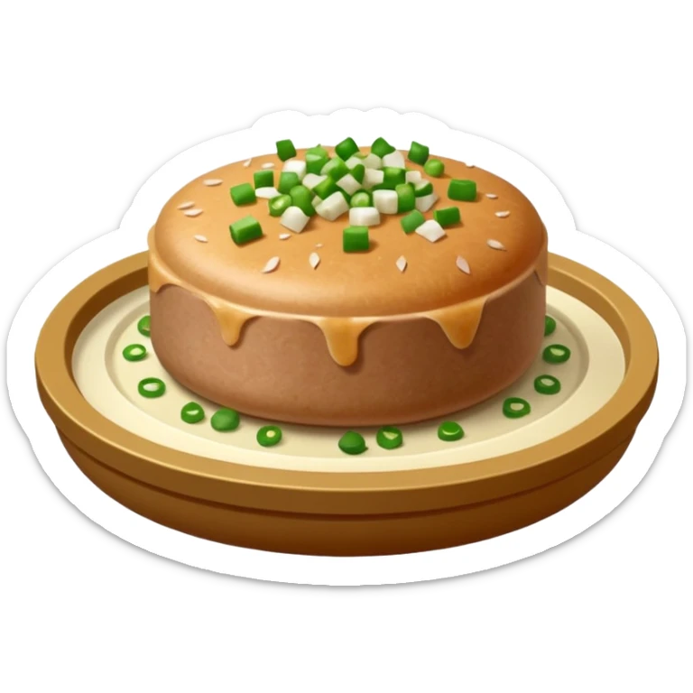 Emoji of a Chinese steamed pork patty in a small dish, topped with chopped scallions, soft texture, minimal style. sticker