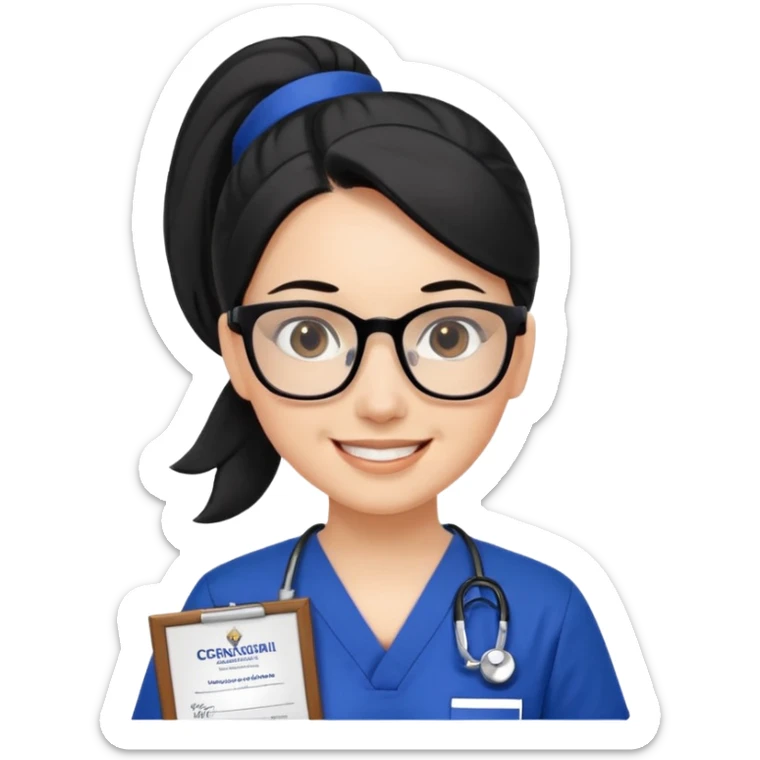 Ghibli style scene of jumping Nurse, white woman, black hair in ponytail, brown eyes, black glasses, royal blue scrubs happy with Certificate  sticker