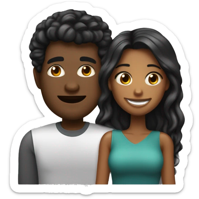 Pareja de un chico de pelo negro liso y corto y de piel moreno, y una chica blanca con el pelo negro largo y ondulado haciéndose un selfie sticker