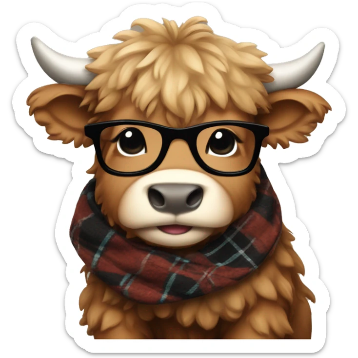 brown fluffy baby scottish cow with scarf and black glasses sticker