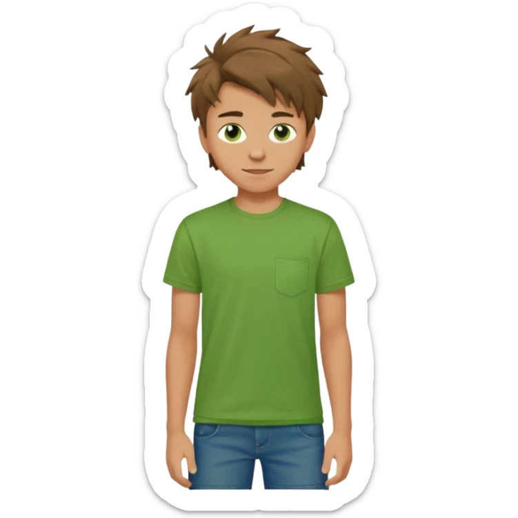 A 14 yerar old teenage boy, slightly tanned, wearing a green tshirt (no pocket), blue jeans and green sneakers with brown tousled hair, smirking sticker