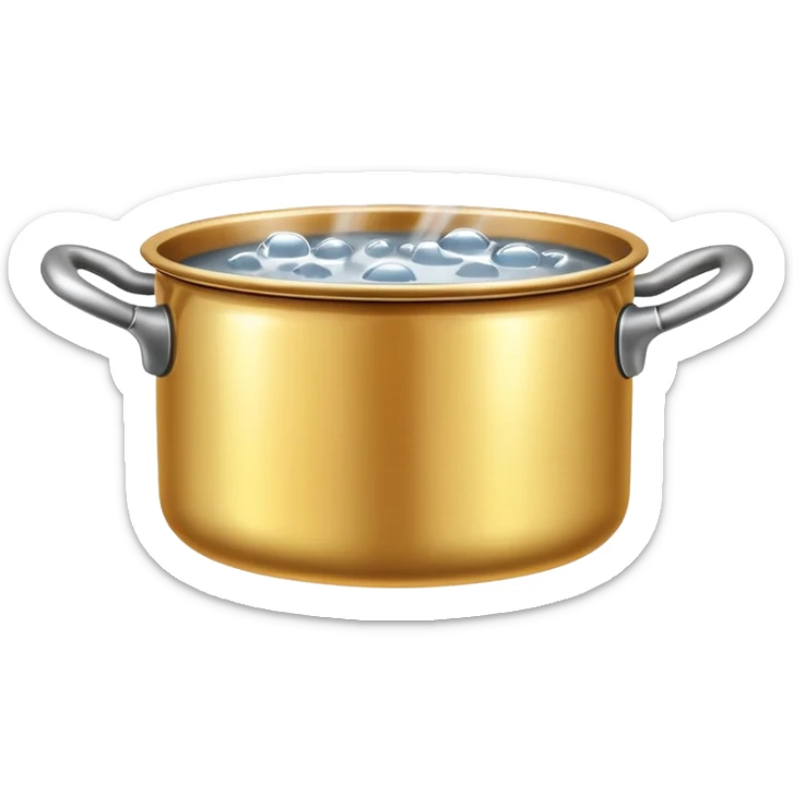 small metal pot filled with boiling water on a stove, visible hot steam and rising bubbles, realistic heat effect, shiny pot surface, bright lighting, clean white background sticker