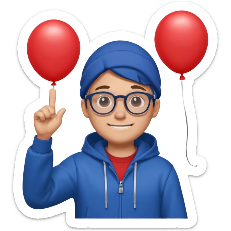 Gus from Brawl Stars, smiling, waving, round glasses, blue hoodie, holding balloon sticker