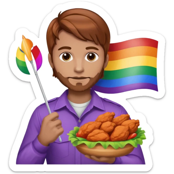 Guy with brown hair holding buffalo chicken and a gay pride flag sticker