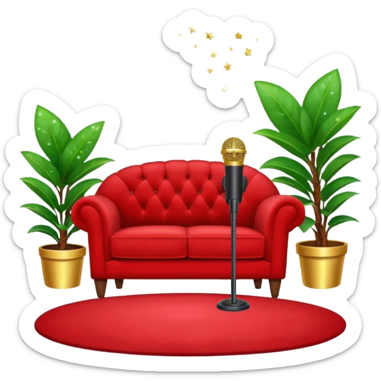 red velvet loveseat with a mic in front, houseplant in back, and sparkles sticker
